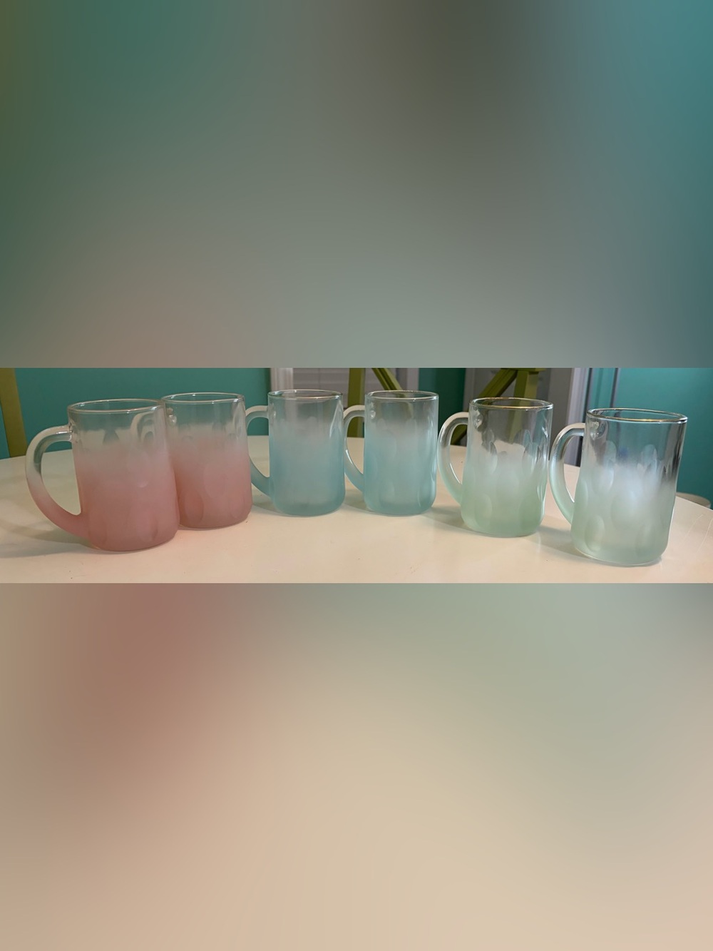 Set of 8 Fire King/Anchor Frosted Gradient Thumbprint Mugs in Pastel colors.